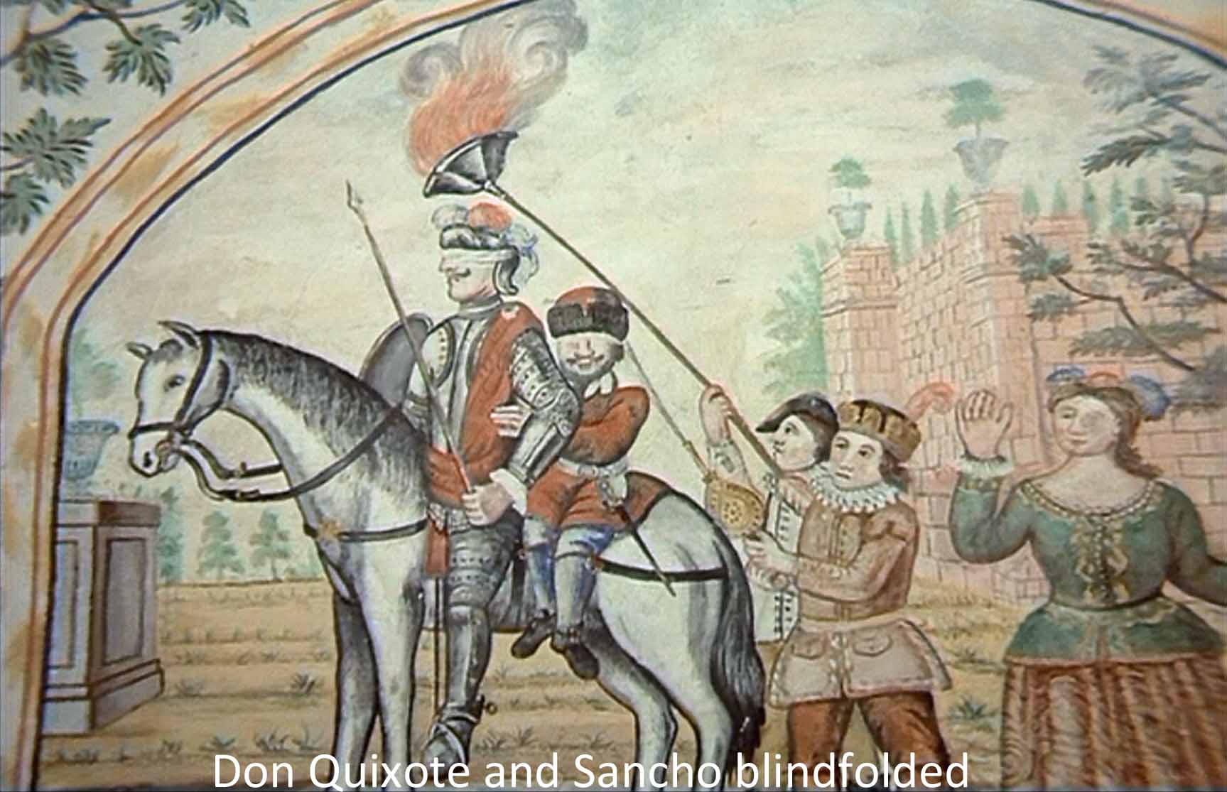 Don Quixote and Sancho blindfolded